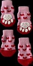 Hondensokken / Kattensokken - Roze met Rode Hartjes - Antislip - 4 stuks - Maat S - 3x6cm - 1 paar - 4 sokken - Katoen - Small