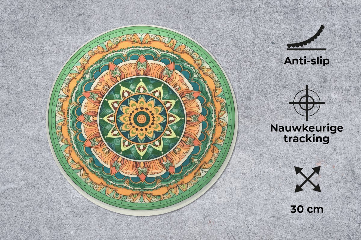 Muismat rond 30x30 cm - Mousepad Hippie - Mandala - Groen - Boho - Bloemen - Ronde muismatten
