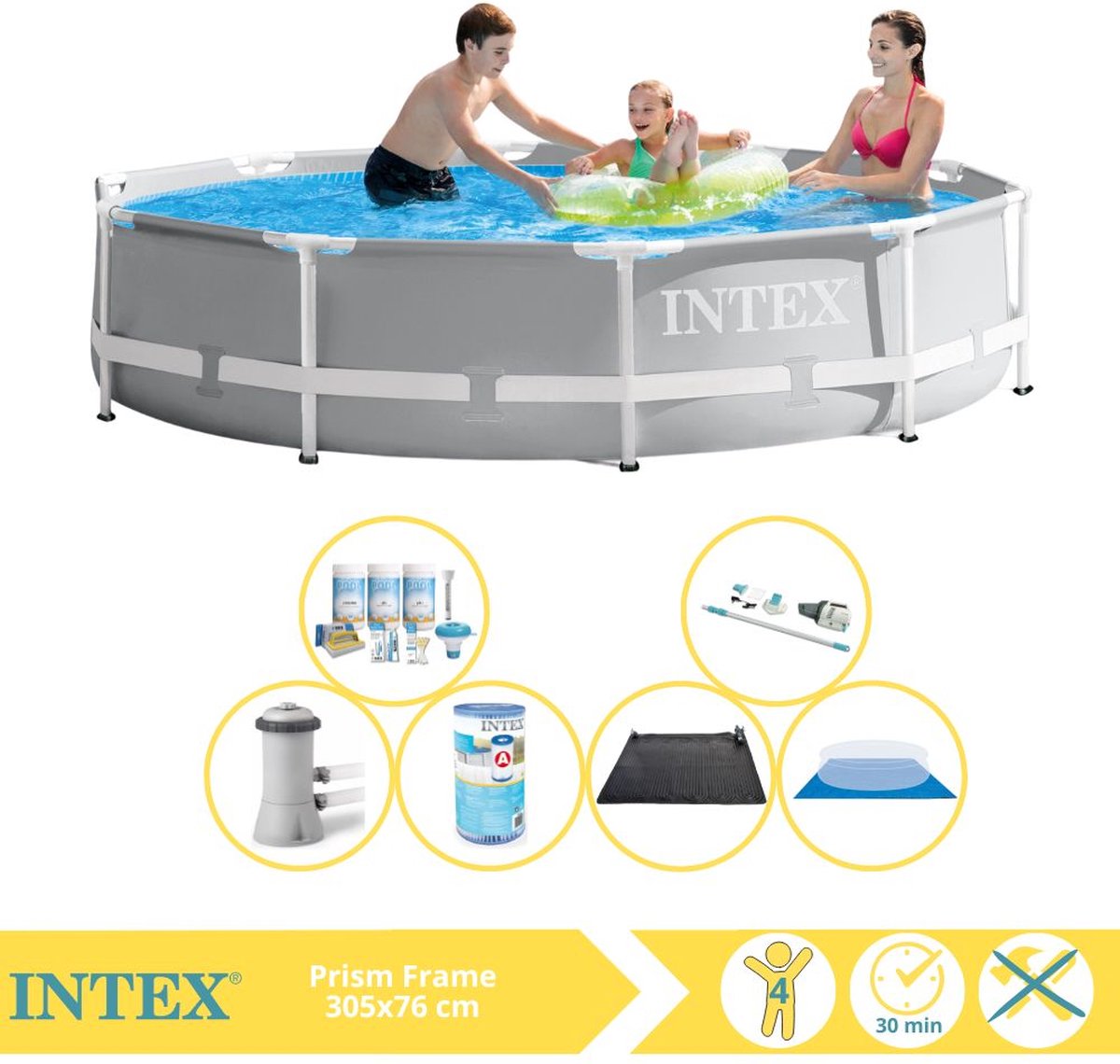 Intex Rond Prism Frame Zwembad - 366 x 76 cm - Grijs - Inclusief Pomp - Onderhoudspakket - Filter - Grondzeil - Stofzuiger - Solar Mat - 7-delig