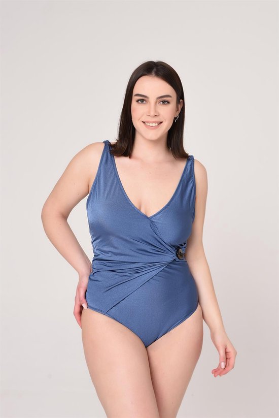 Badpak- Indigo Dames badpak met dubbele rij details en knopen- Grote maten Bikini&Badmode 212- Blauw- Maat 52