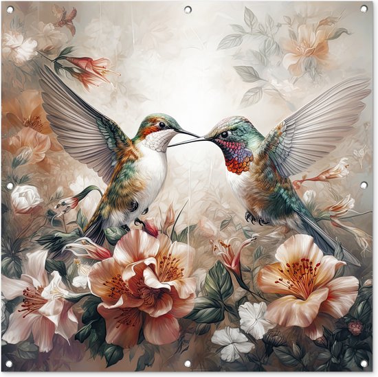 Tuinposter 100x100 cm - Tuindecoratie Kolibrie - Vogels - Bloemen - Natuur - Poster voor in de tuin - Buiten decoratie - Schutting tuinschilderij - Tuindoek muurdecoratie - Wanddecoratie balkondoek