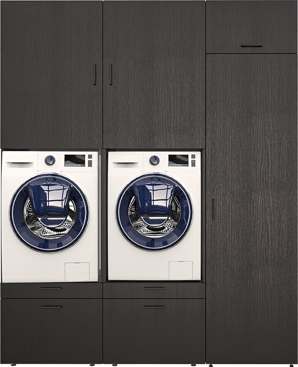 Vonia Verbindingsframe Droger Wasmachine - Afstandhouder wasdroger - Verbindingsframe met waslijn - Uittrekbare handdoekhouder - Tussenbouwframe - Universeel (Zwart - werkblad