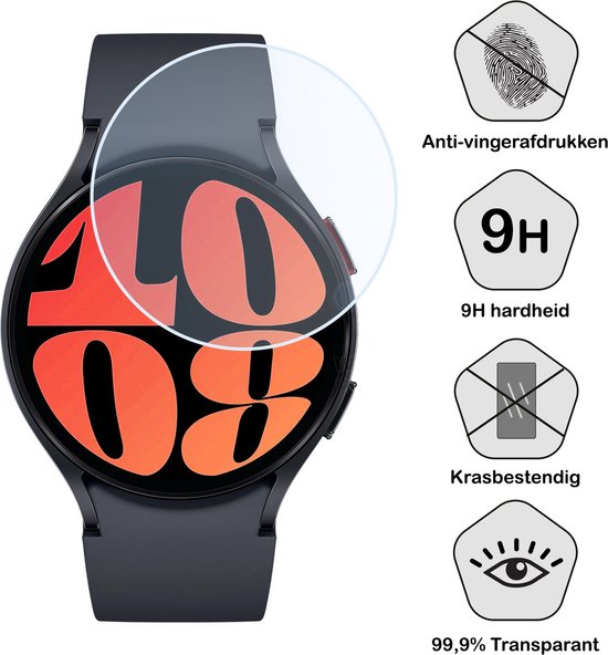 Zwarte smartwatch met rode klok, met een screenprotector. Iconen tonen: anti-vingerafdruk, 9H hardheid, krasbestendig, 99.9% transparant.