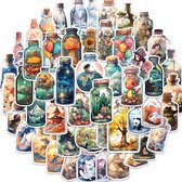 Wereld in een Fles Sticker set - 50 stickers - 6x4CM - Fantasie Landschappen, Dieren, Dino's in een potje