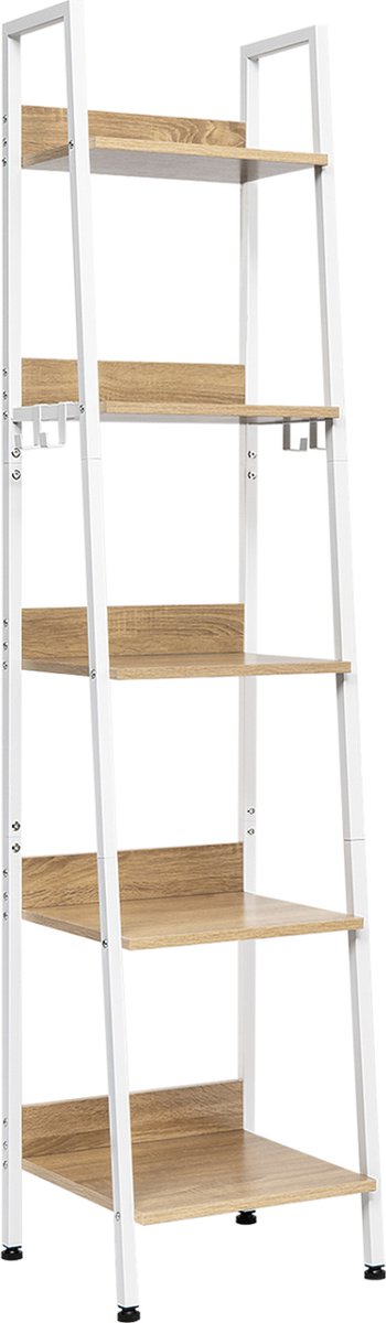 Happyment Boekenkast Galito - 5 lagen - Wit - Marble look - Boekenrek - Woonkamer, slaapkamer en kinderkamer - Hout - Metaal - 40 x 36 x 170 cm - inclusief 4 haken