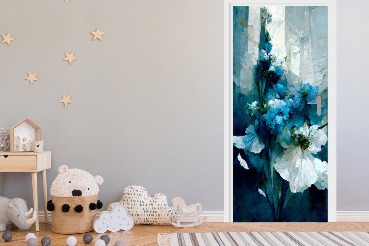 Deurposter 85x205 cm - Deursticker Bloemen - Boeket - Verf - Blauw - Meubelfolie zelfkleve