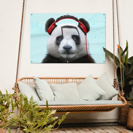 Affiche jardin - Toile jardin - Posters de jardin extérieur - Panda - Casque - Animal - Notes de musique - Rouge - 120x80 cm - Jardin