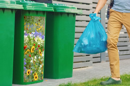 Groene kliko met een afbeelding van zonnebloemen, klaprozen en blauwe bloemen.