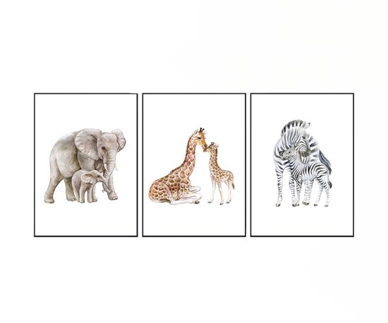 No Filter - Baby Dieren posters - 3 stuks - Safari dieren - Babykamer/kinderkamer posters