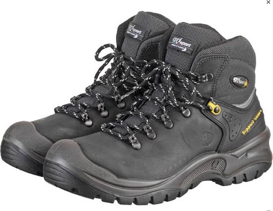Zwarte hoge werkschoenen met veters en grijze details. Logo's op de zijkant.