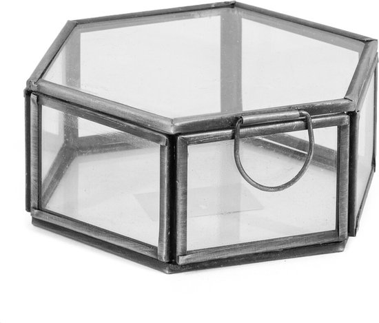 Glazen doosje hexagon met deksel antraciet