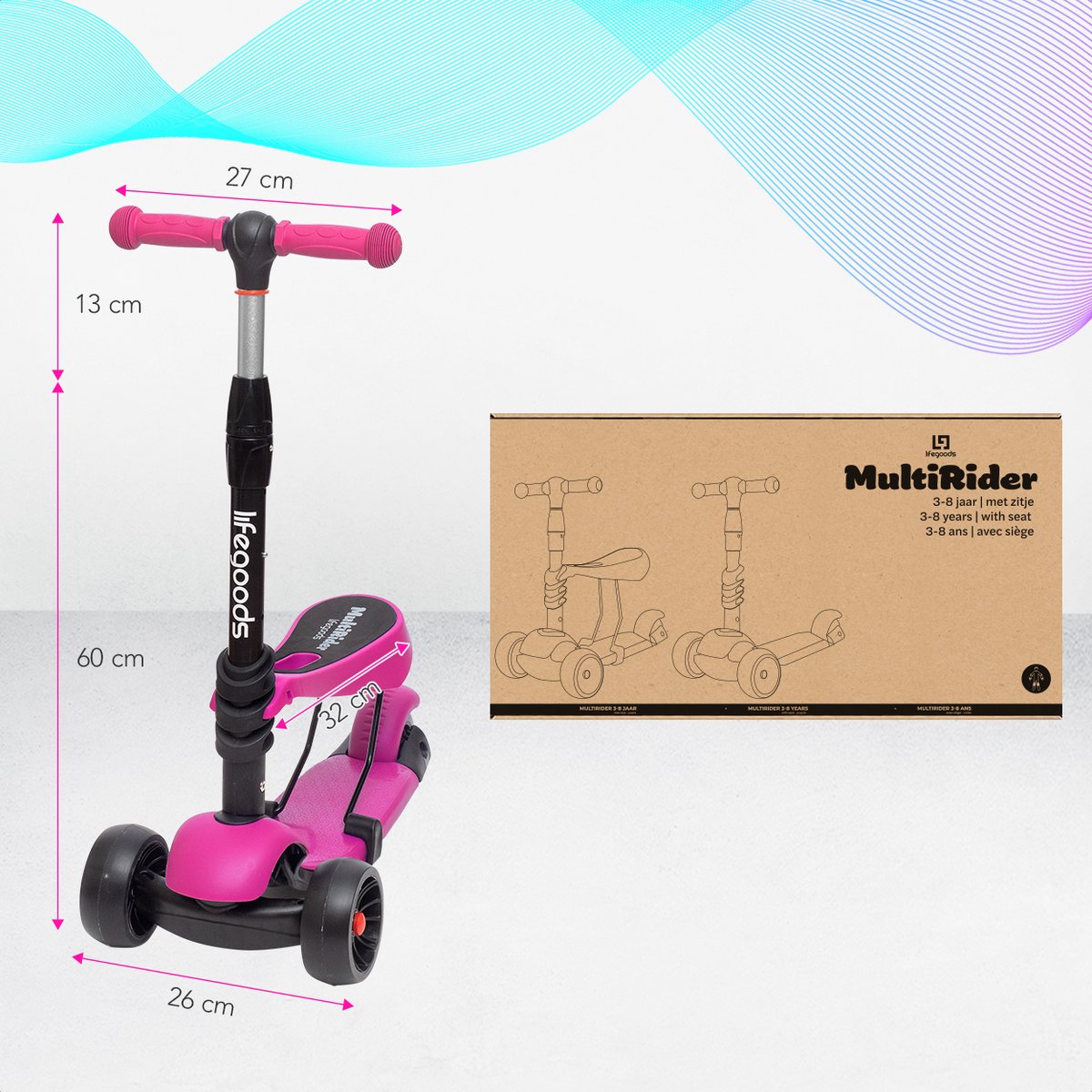 LifeGoods MultiRider Kinderstep - Step 3-8 Jaar - Hoogte Verstelbaar Zitje - Lichtgevende LED Wielen - Jongens/Meisjes - Roze — afbeelding 8