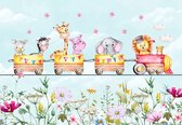 Fotobehang - vrolijke dieren in de trein - leeuw -olifant - zebra - giraff - nijlpaard - bloemen - kinderbehang - kinderkamer - Vliesbehang - 416 x 254 cm