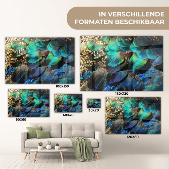 Glasschilderij - Foto op glas - Schilderij glas - Slaapkamer - Woondecoratie - Veren - Pauwveren - Pauw - Blauw - Kunst - Muurdecoratie - Woonkamer decoratie - 120x80 cm - Glasplaat