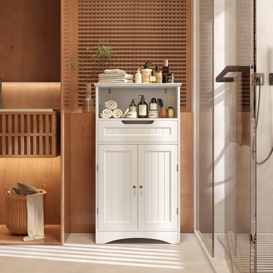 Bealife Badezimmerschrank, Badezimmer-Aufbewahrungsschränke mit großer Schublade, 2 Türen mit verstellbaren Regalen für Badezimmer, Wohnzimmer, Schlafzimmer, 108 x 60 x 30 cm, Weiß