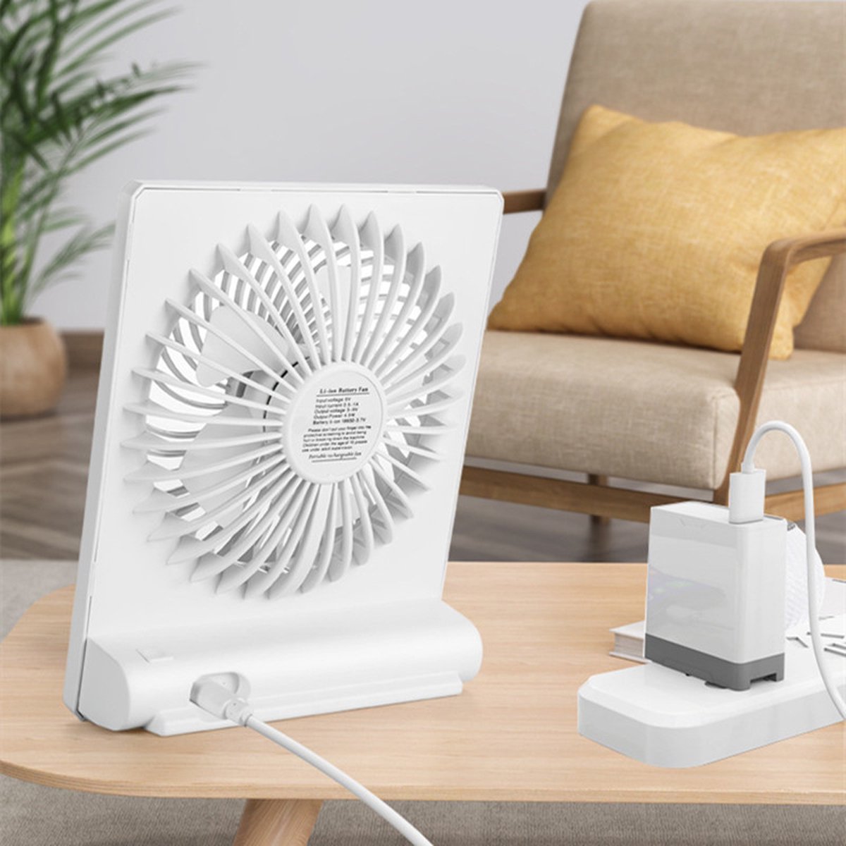 Stijlvolle en handige oplaadbare miniventilator - 3 instelbare snelheden-USB opladerbaar-wit -152x42x185mm — afbeelding 8