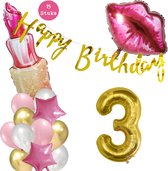 Snoes Beauty Helium Ballonnen Set 3 Jaar - Roze Folieballonnen - Slinger Happy Birthday Goud