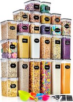 Voorraaddoos, 25-delige set, luchtdichte keukenorganizer van kunststof, met deksel, geschikt om muesli, meel, koffiebonen, cornflakes, spaghetti e.d. in te bewaren, formaat: 2,8 l, 2 l, 1,4 l, 0,8 l