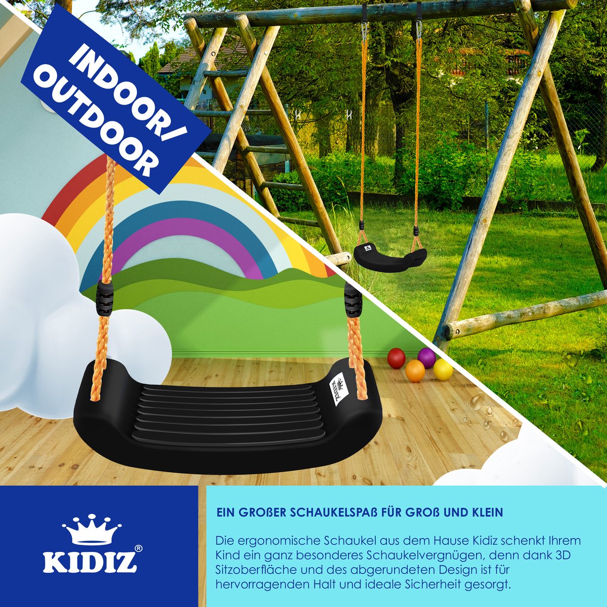 KIDIZ® Schommel Kinderschommel Set - Incl. Accessoires Schommelzitje PP-Touwen Schommelplank Tuin Buiten Binnenschommel voor kinderen om op te schommelen Plastic Hoogte Verstelbaar Antislip - Zwart — afbeelding 3