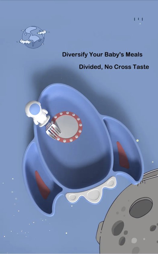 Kinderservies Astronauten Set van 6 voor Kinderen - Bord/Lepel/Vork/Beker/Slabbetje/Kommetje - BPAVRIJ Anti slip Ftalaatvrij - Baby servies - Kinderservies - Kinderbord - Blauw - Magnetron - Vaatwasser van Kinder — afbeelding 5