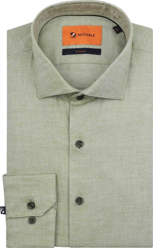 Suitable - Overhemd Widespread Flanel Groen - Heren - Maat 40 - Slim-fit