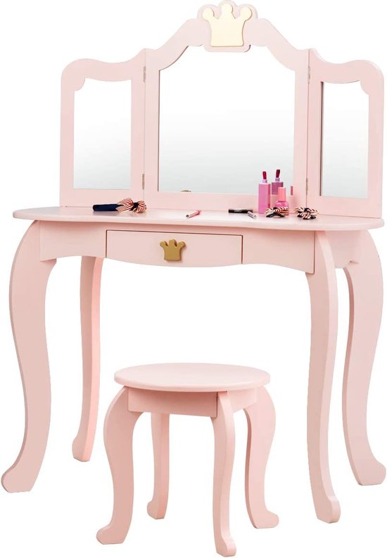 Kindermake-uptafel met kruk en afneembare spiegel, meisjes kaptafel hout, kindertafel met lade, spiegeltafel 80 x 42 x 105 cm (roze)