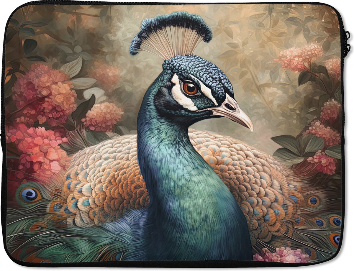 Laptophoes 17 inch - Pauw - Vogel - Bloemen - Planten - Pauwenveren - Laptop sleeve - Binnenmaat 41x28 cm - Zwarte achterkant