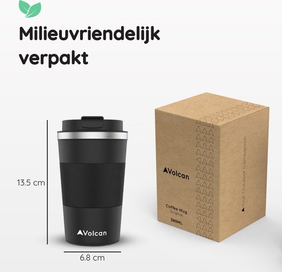 Volcan Koffiebeker To Go - Travel Mug - Thermosbeker met Sleeve - RVS - 380ml - Coffee To Go - Theebeker - Zwart