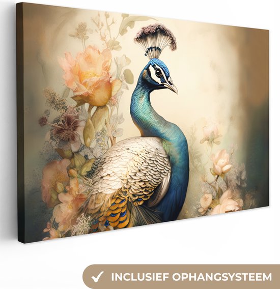 Tableau sur toile Paon - Plumes de paon - Fleurs - Vogels - Botanique - 60x40 cm - Décoration murale