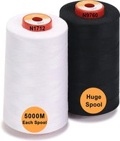 2 Grote Kegels van 5000m polyester naaigaren voor alle doeleinden 40S/2 (Tex27) - Wit en Zwart. Ideaal voor naaien, quilten, patchwork, serger en overlock.