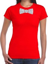 Rood fun t-shirt met vlinderdas in glitter zilver dames 2XL