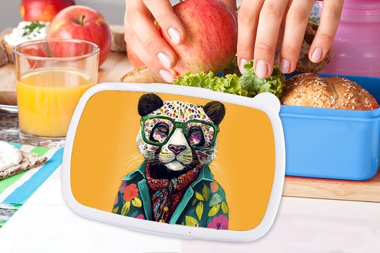 Lunch box Blauw - Lunch box - Boîte à pain - Panda - Verres - Fleurs - Hippie - 18x12x6 cm - Enfants - Garçon
