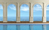 Fotobehang - Vlies Behang - Uitzicht op Zee door de Pilaren - 3D - 254 x 184 cm