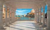 Fotobehang - Vlies Behang - 3D Uitzicht op Venetië het Meer vanaf het Griekse Terras met Pilaren - 312 x 219 cm