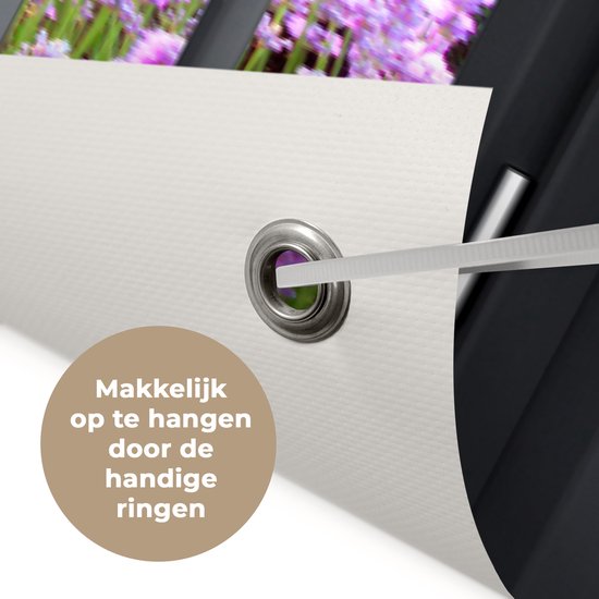 Tuinposter 120x80 cm - Tuindecoratie Doorkijk - Bloemen - Landschap - Raam - Poster voor in de tuin - Buiten decoratie - Schutting tuinschilderij - Tuindoek muurdecoratie - Wanddecoratie balkondoek