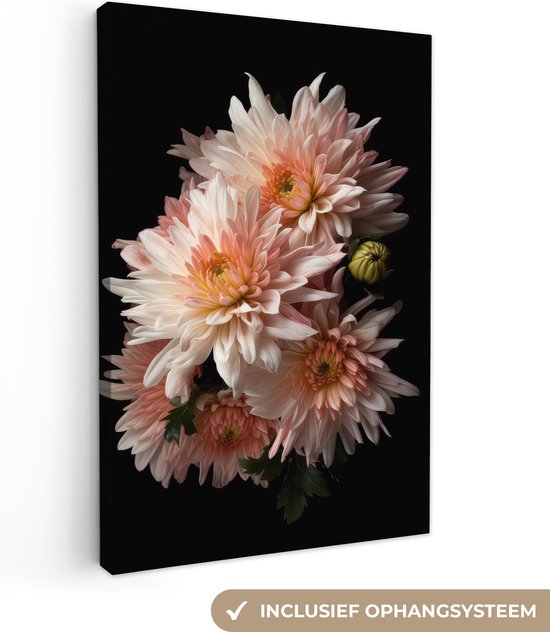 Canvas Schilderij Chrysant - Bloemen - Wit - Natuur - Zwart - 60x90 cm - Wanddecoratie
