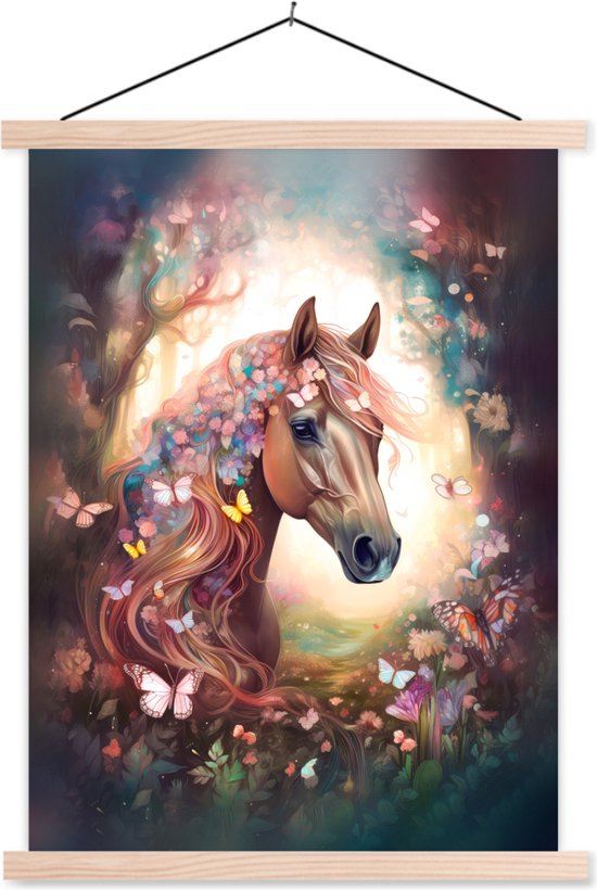 Posterhanger incl. Poster 60x80 cm - Schoolplaat - Paard - Natuur - Bloemen - Vlinders - Bos - Textielposter - Blanke latten