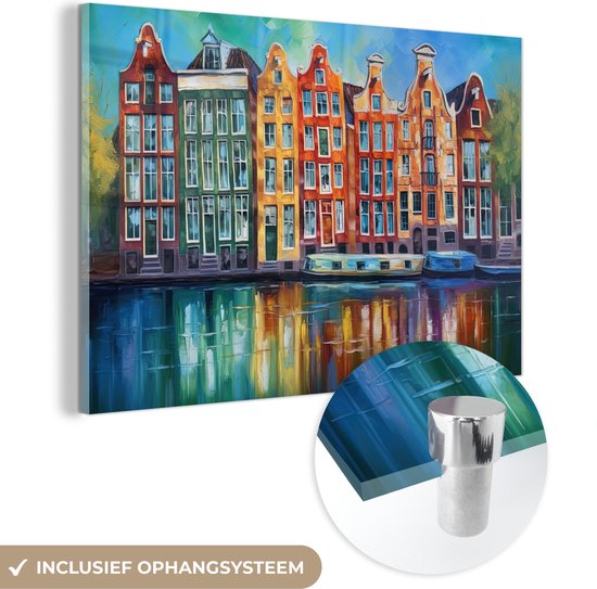 MuchoWow® Glasschilderij 120x80 cm - Schilderij acrylglas - Amsterdam - Olieverf - Gracht - Schilderij - Kunst - Foto op glas - Schilderijen