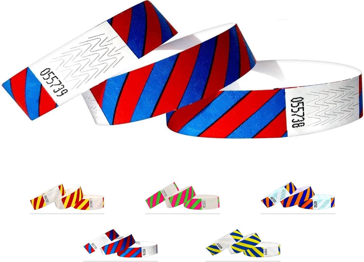 Tyvek polsbandjes voor evenementen - 500 stuks - gestreept - Blauw-Rood
