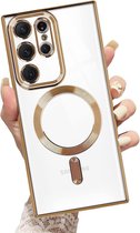 Hoesje Geschikt Voor Samsung Galaxy S23 Ultra hoesje Magnetisch Met Lens beschermer Transparant / Goud – Magneet hoesje