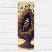 Muursticker - Koolmees Vogel in het Nest Versierd met Bloemen - 20x60 cm Foto op Muursticker