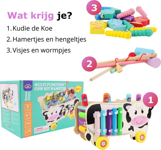 Kudie de Koe - 5 in 1 Houten Speelgoed Xylofoon - Hamerbank - Visspel - Activiteiten kubus - Montessori Speelgoed - Annie's choice