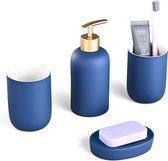 Badkamerset van keramiek, 4-delige badkamerset met zeepbakje zeepdispenser 340 ml navulbaar en 2 x tandenborstelbeker 300 ml, badkamer-accessoireset voor thuis, woning, slaapzaal, blauw