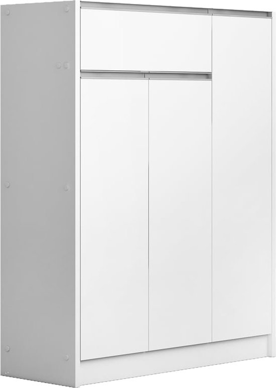 Schoenenkast Rachel Wit - Breedte 90 cm - Hoogte 117 cm - Diepte 35 cm - Met lades - Met planken - Met openslaande deuren