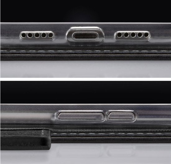 Coque transparente avec surpiqûres noires, avec ouvertures pour haut-parleurs et USB-C.