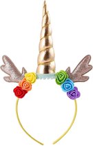 Eenhoorn diadeem goud unicorn haarband met gewei/oortjes en bloemetjes - gouden hoorn bloemen regenboog festival