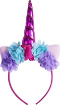 KIMU Eenhoorn Haarband Roze Bloemetjes - Unicorn Diadeem Met Oortjes - Pink Hoorn Glitter Bloemen Paars Blauw Roze Festival