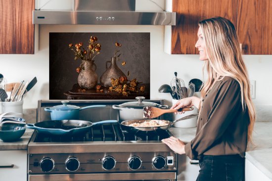 Spatscherm keuken 60x40 cm - Kookplaat achterwand Stilleven - Bloemen - Vaas - Donker - Muurbeschermer - Spatwand fornuis - Hoogwaardig aluminium