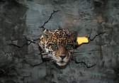 Fotobehangkoning - Behang - Fotobehang - Luipaard achter betonnen muur 3D - Panter - Jaguar - Cheetah - Vliesbehang - 104 x 70,5 cm