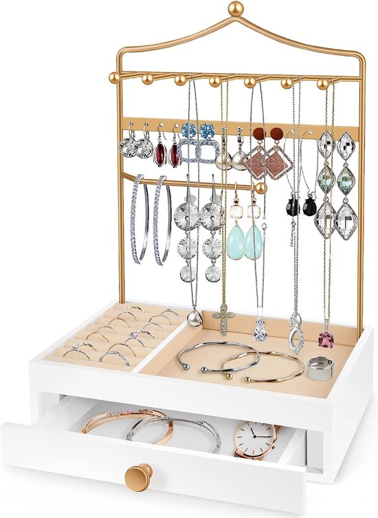 Love-KANKEI Sieradenstandaard, sieradenorganizer, het opbergen van kettingen, oorbellen, horloges, armbanden, wit-goud